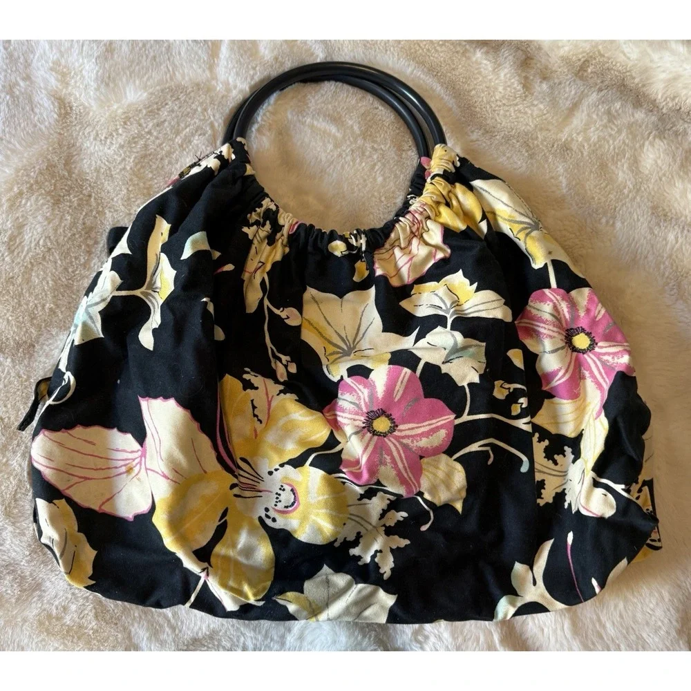 H & M Tropical Floral Fabric Loop Handles Large Bag Purse Bark cloth Style